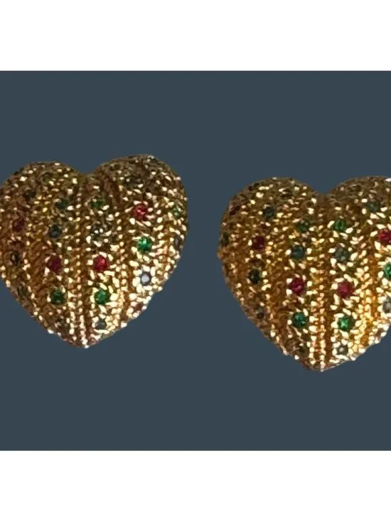 Nina Ricci Gold Tone Heart Clip On Earrings Red Green Rhinestones 1" - Picture 6 of 8